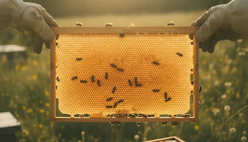 Gros plan d'un cadre de cire dorée tenu par des mains gantées