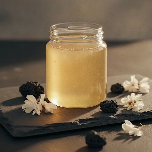 Miel d'Acacia Volcanique, pot artisanal sur surface en ardoise